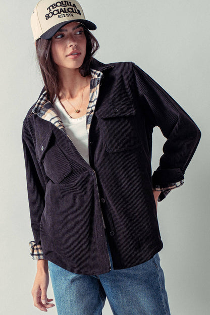 Plaid Lined Reversible Corduroy Flannel Shacket