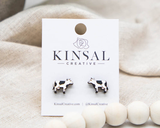Cow Wood Stud Earrings