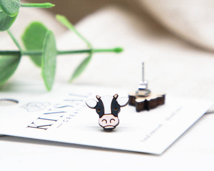 Cow  Face Wood Stud Earrings