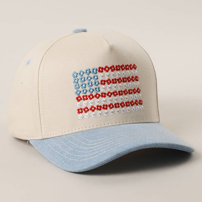 Floral American Flag Embroidered Denim Trucker Hat