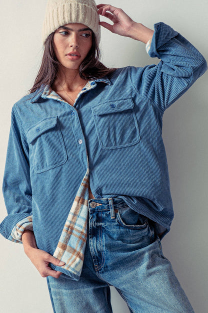 Plaid Lined Reversible Corduroy Flannel Shacket