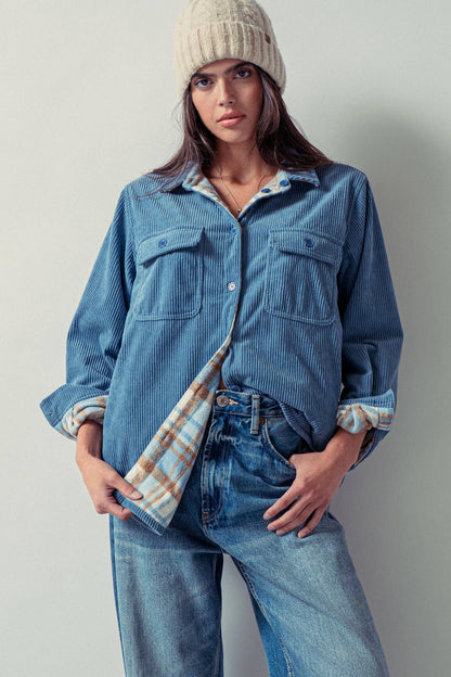Plaid Lined Reversible Corduroy Flannel Shacket