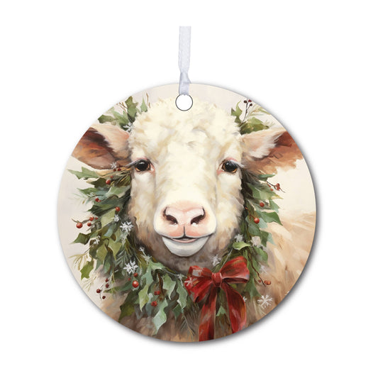 Sheep with Holly Christmas Ornament