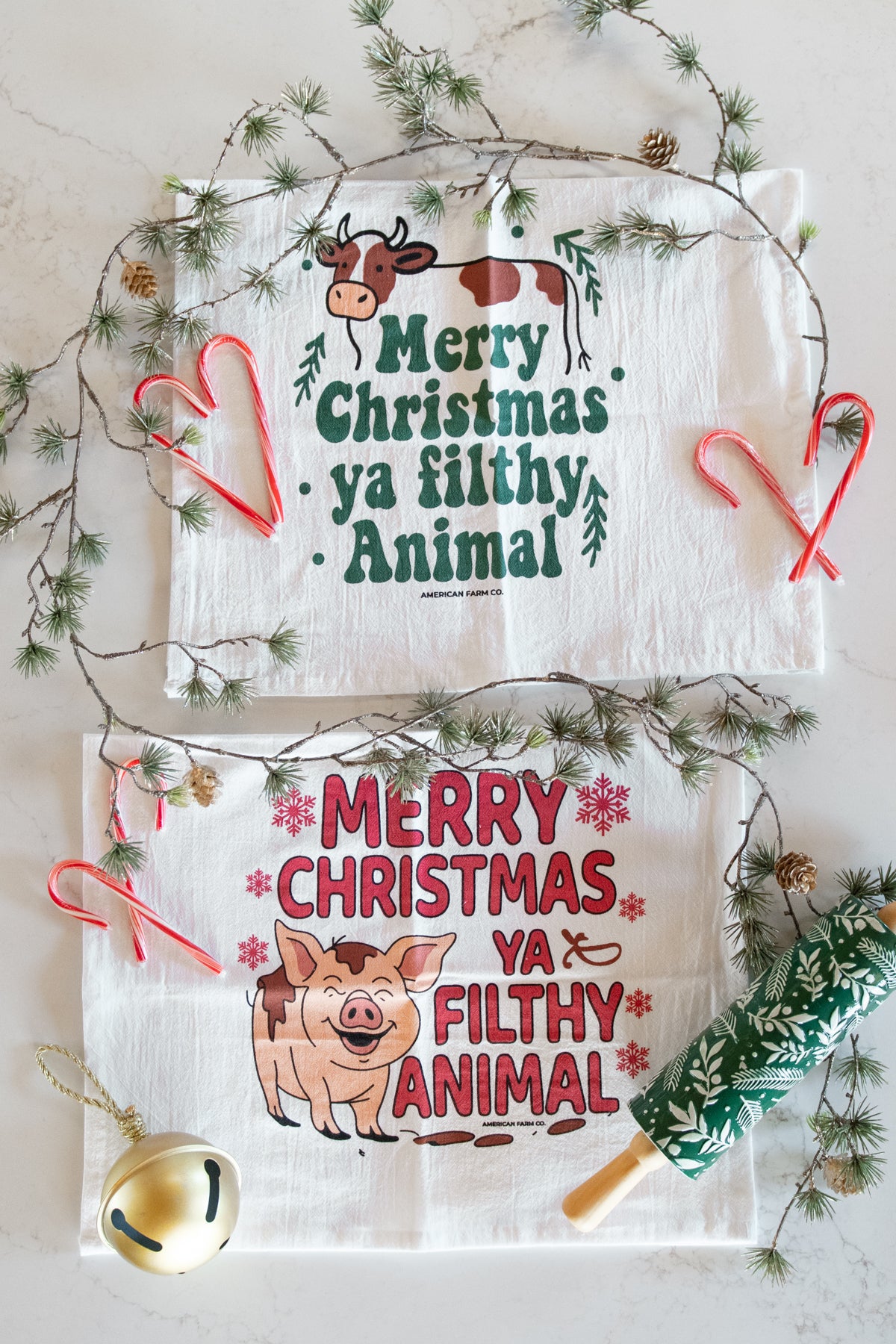 Red 'Merry Christmas Ya Filthy Animals' Pig Flour Sack Kitchen Towel
