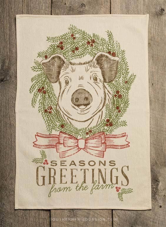 Pig 'Seasons Greetings from the Farm' Kitchen Towel