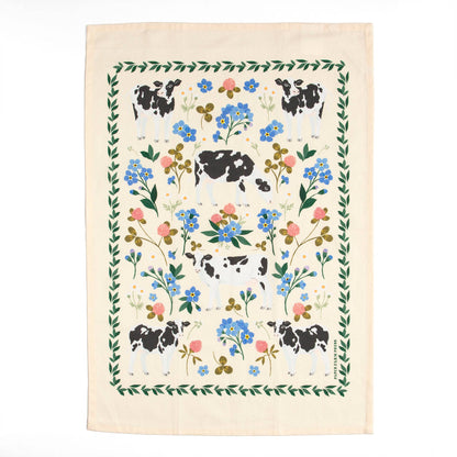 Milk Cows Floral Tea Towel