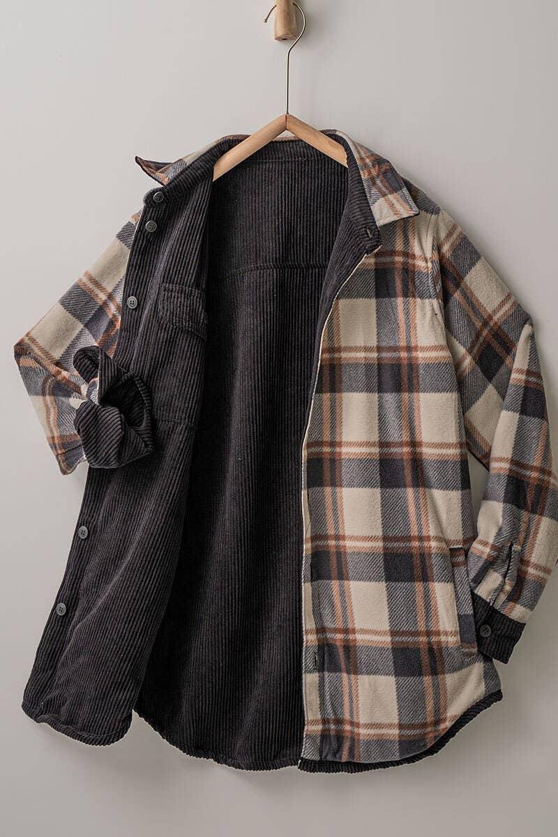 Plaid Lined Reversible Corduroy Flannel Shacket