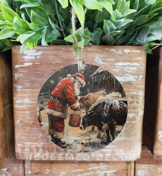 Santa With Cows Wood Ornament