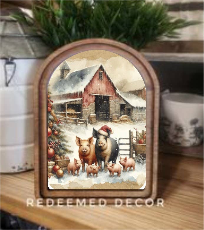 Christmas Pigs Arch Top Framed Art