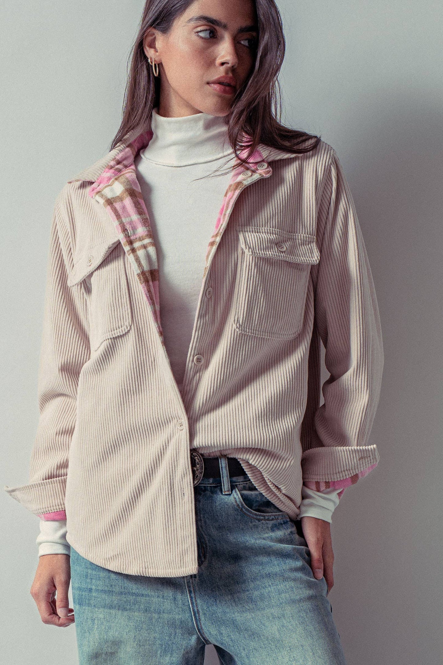 Plaid Lined Reversible Corduroy Flannel Shacket