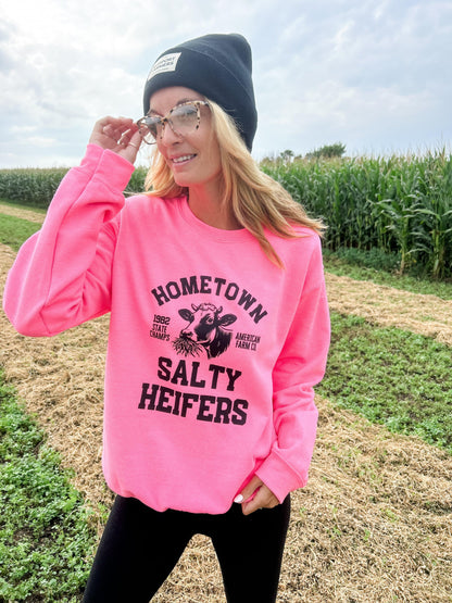 Hometown Salty Heifers Neon Pink Crewneck - American Farm Company