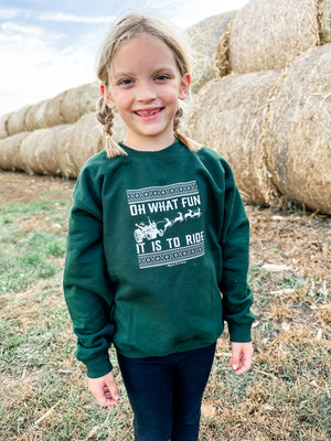 'Oh What Fun It Is To Ride' Youth Green Crewneck