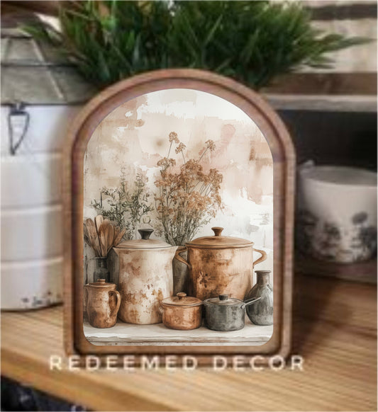 Copper Pots Arch Top Framed Art