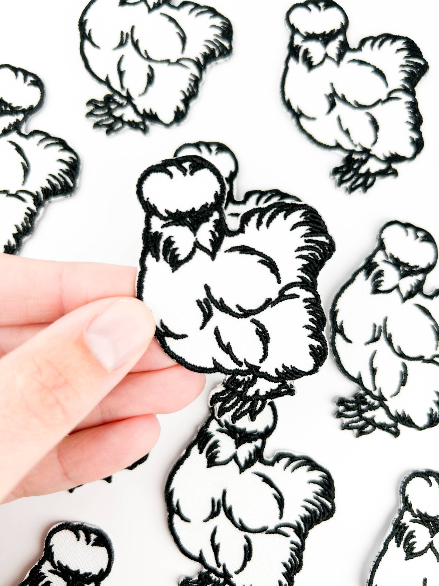 White Silkie Chicken Embroidered Iron-On Patch