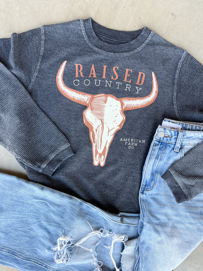 ‘Raised Country’ Washed Black Ribbed Crew