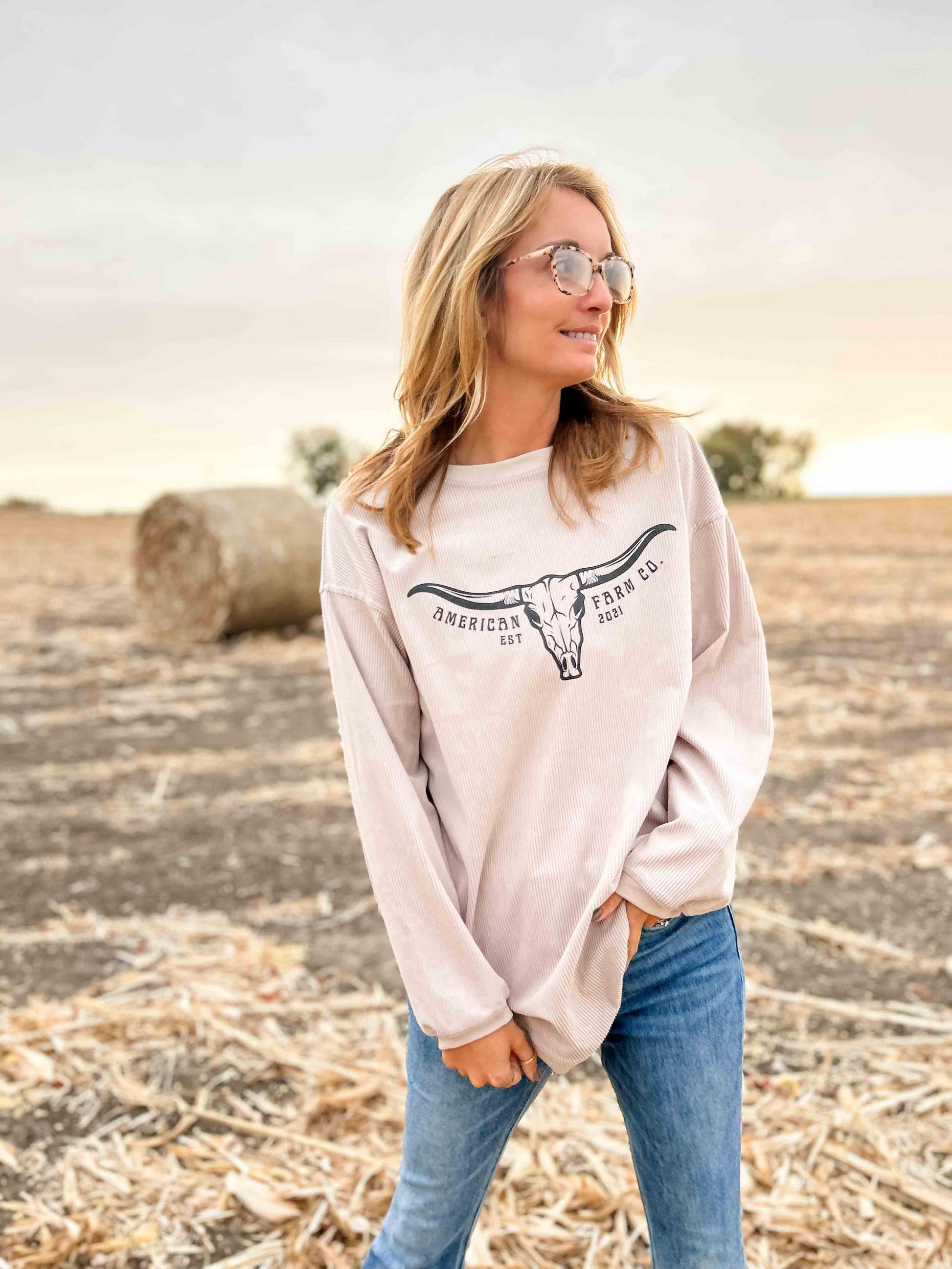 AFC Skull Tan Corded Crewneck - American Farm Company