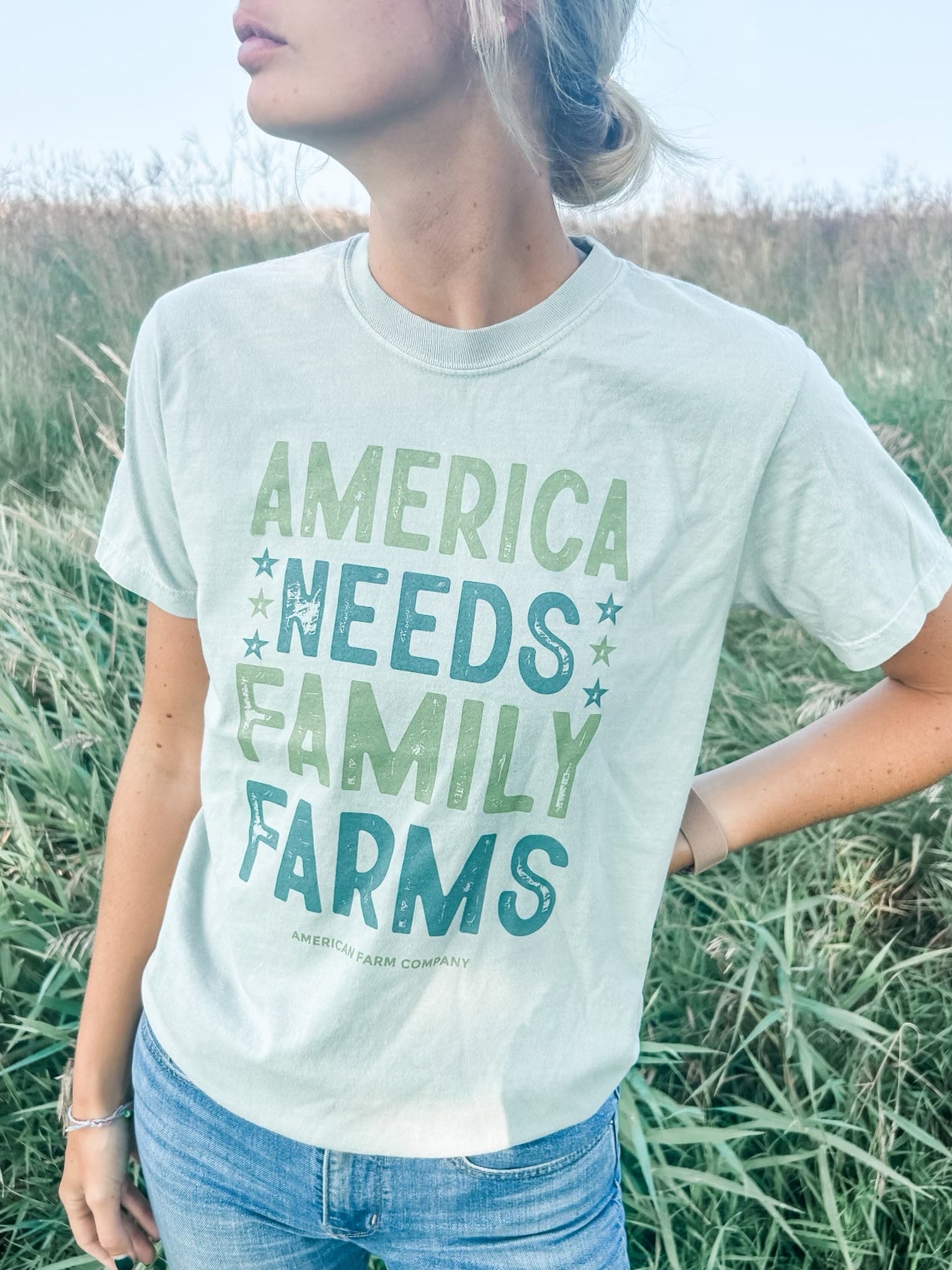 America Needs Family Farms Washed Mint Tee