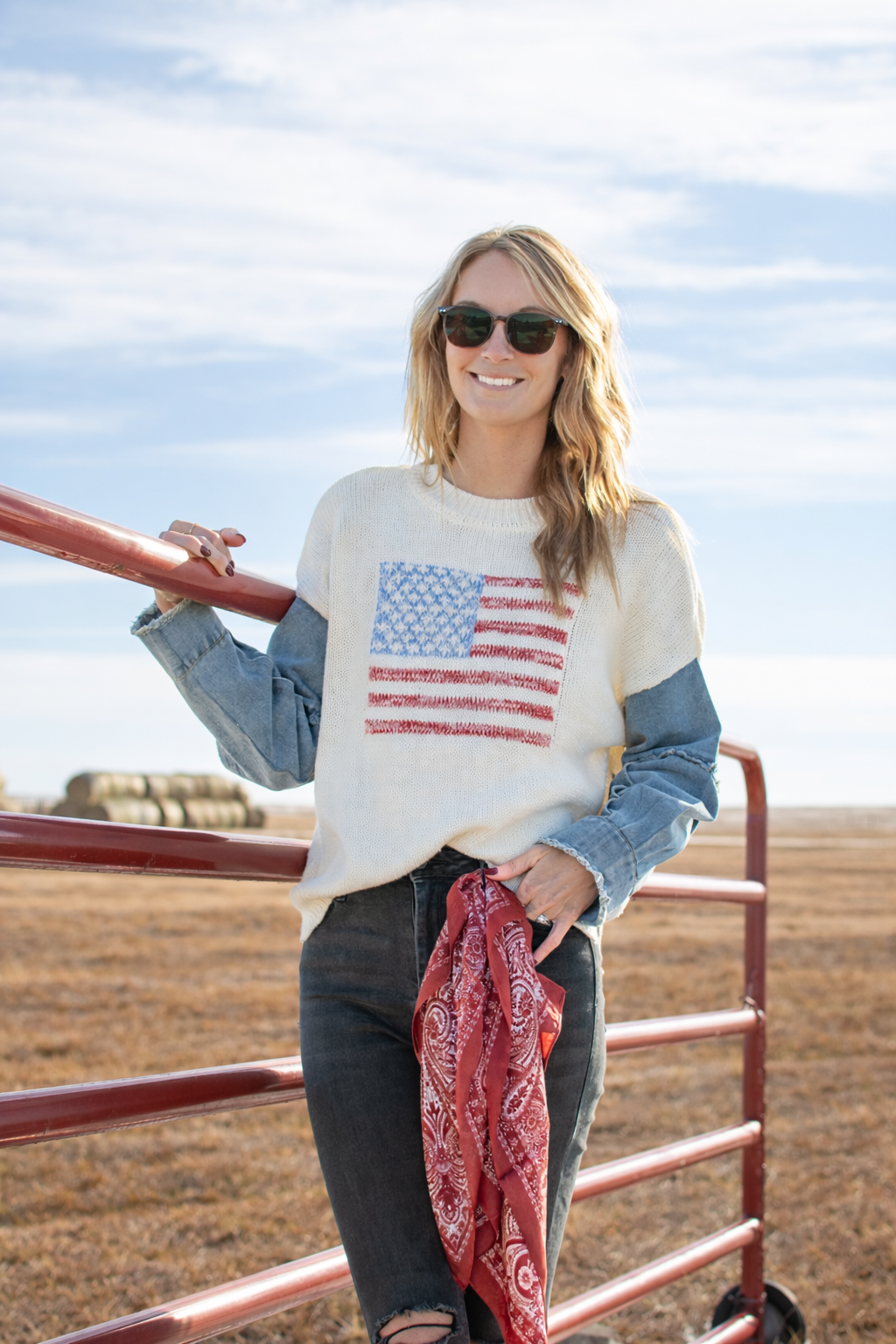 American Flag Sweater w/ Denim Sleeve