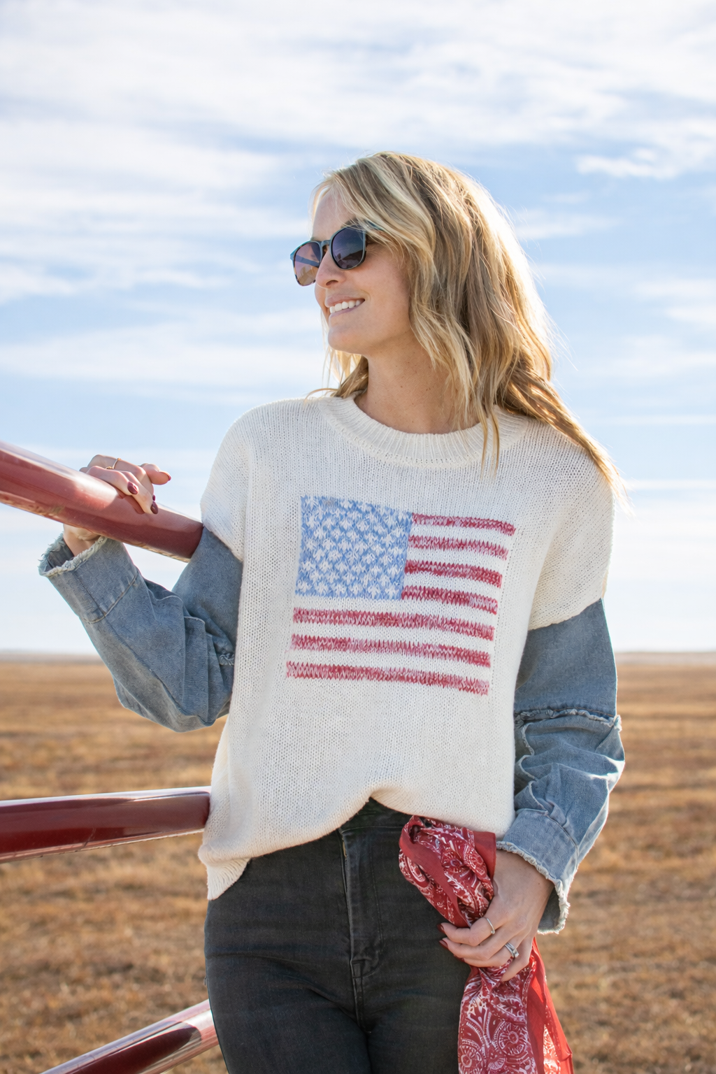 American Flag Sweater w/ Denim Sleeve