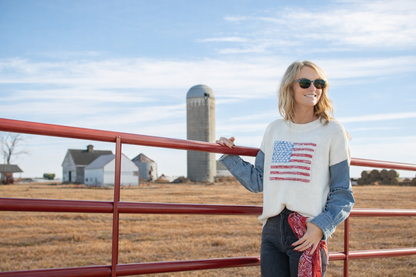 American Flag Sweater w/ Denim Sleeve