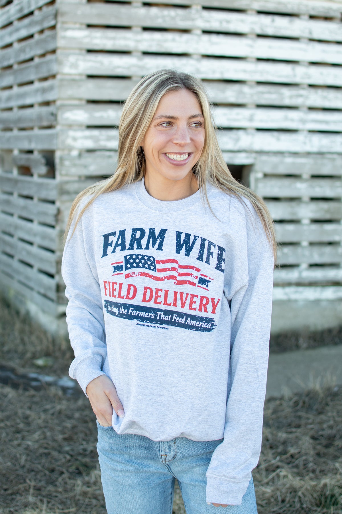 American 'Farm Wife Field Delivery' Ash Crewneck