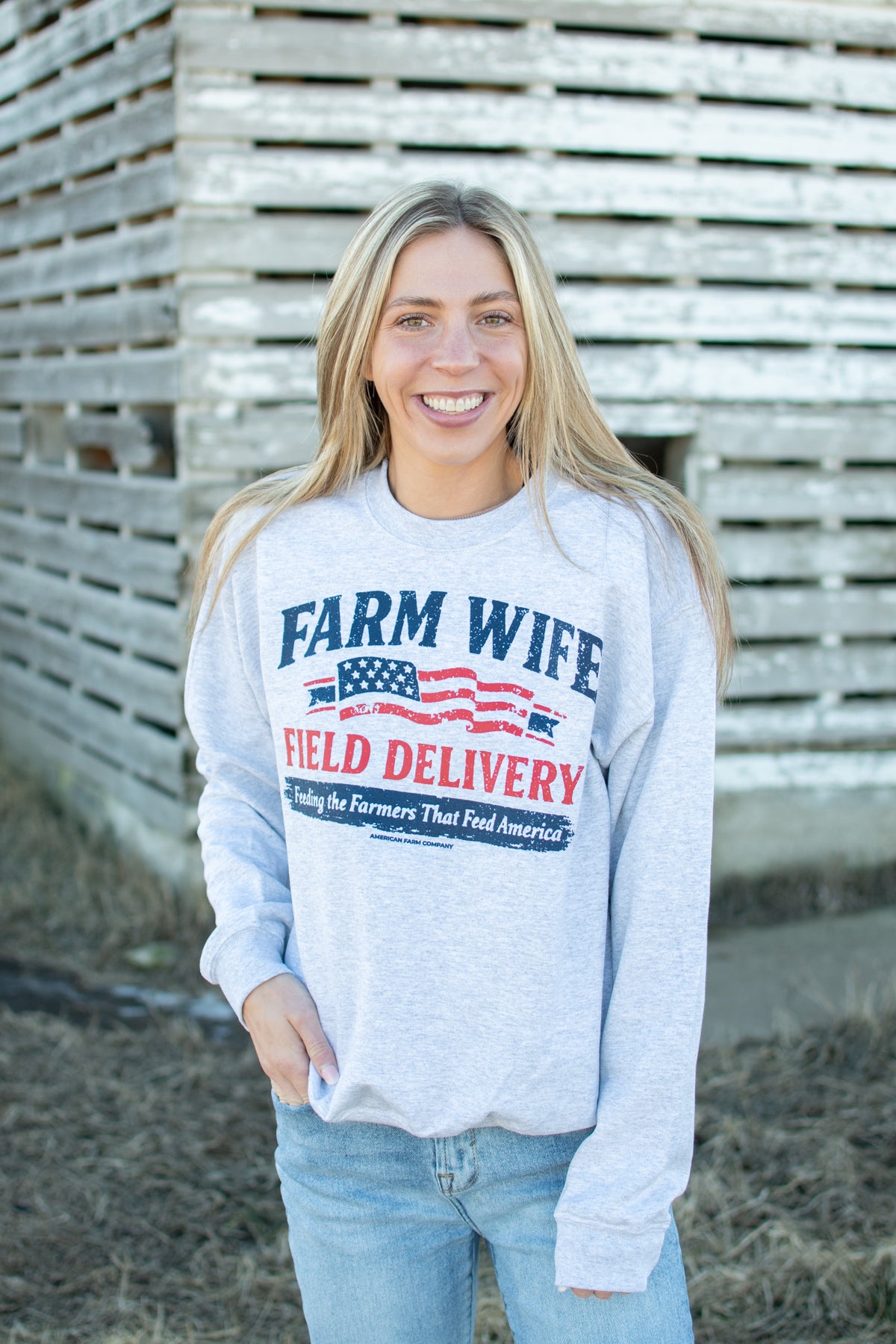 American 'Farm Wife Field Delivery' Ash Crewneck