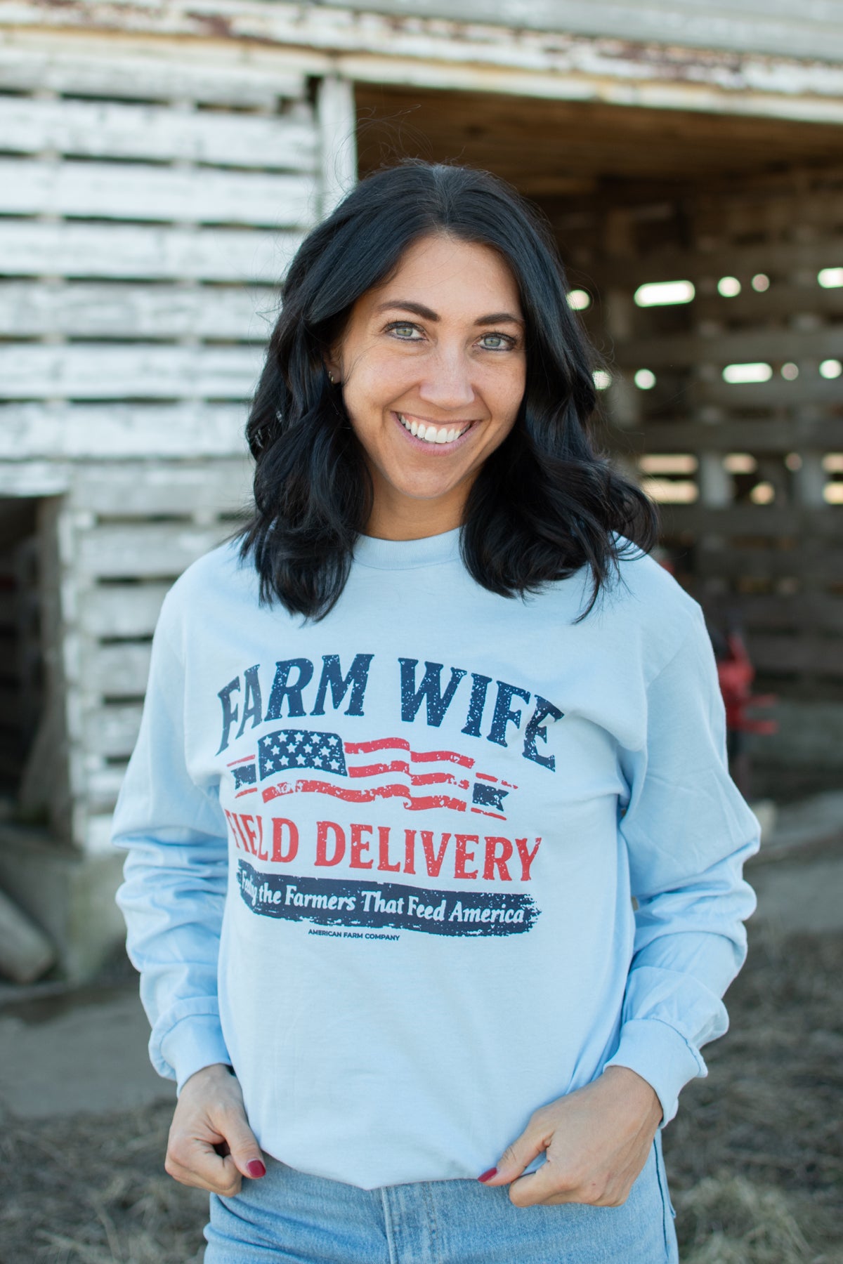 American 'Farm Wife Field Delivery' Blue Long Sleeve