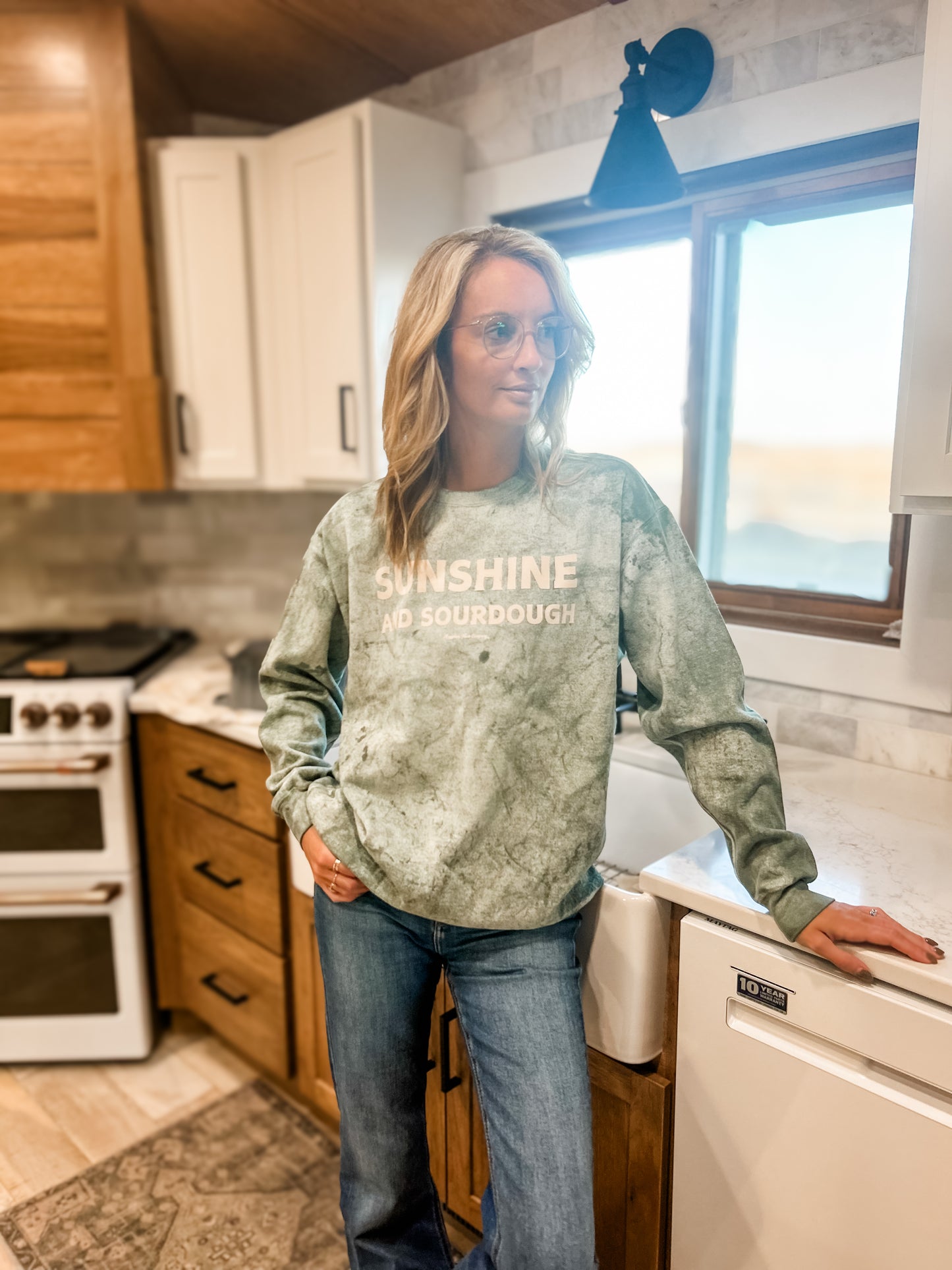 'Sunshine and Sourdough' Green Colorblast Crewneck