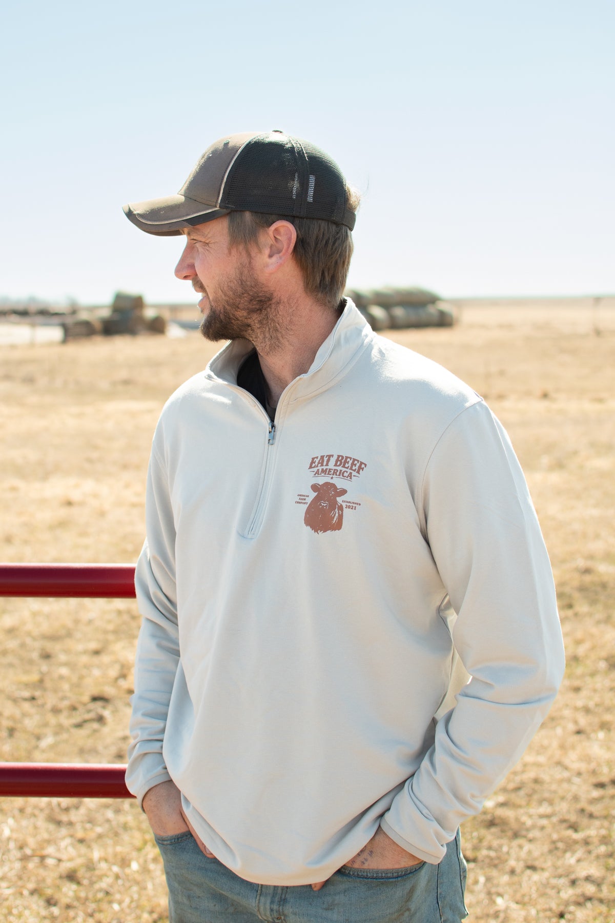 Brown Angus 'Eat Beef America' Performance 1/4 Zip Pullover