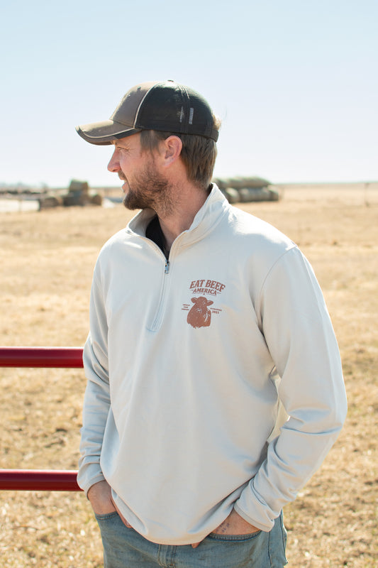 Brown Angus 'Eat Beef America' Performance 1/4 Zip Pullover