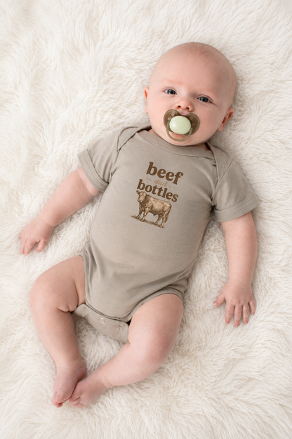 'Beef and Bottles' Cow Onesie