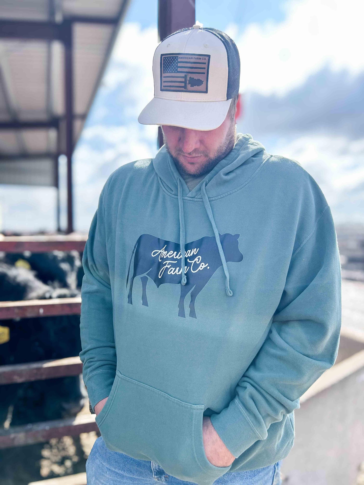 'American Farm Co' Black Cow Green Hoodie