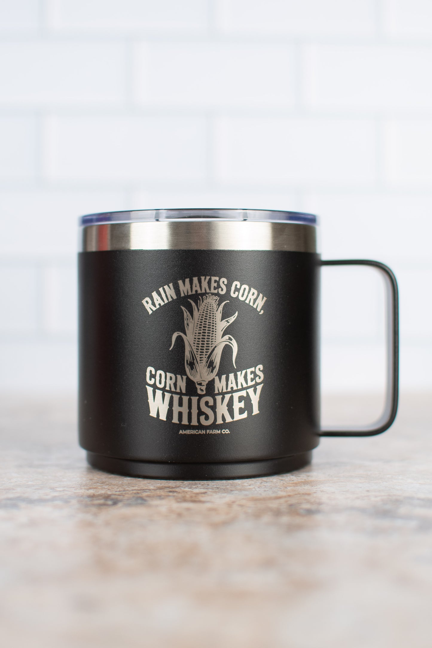 Black 'Rain Makes Corn, Corn Makes Whiskey' 16oz Mug