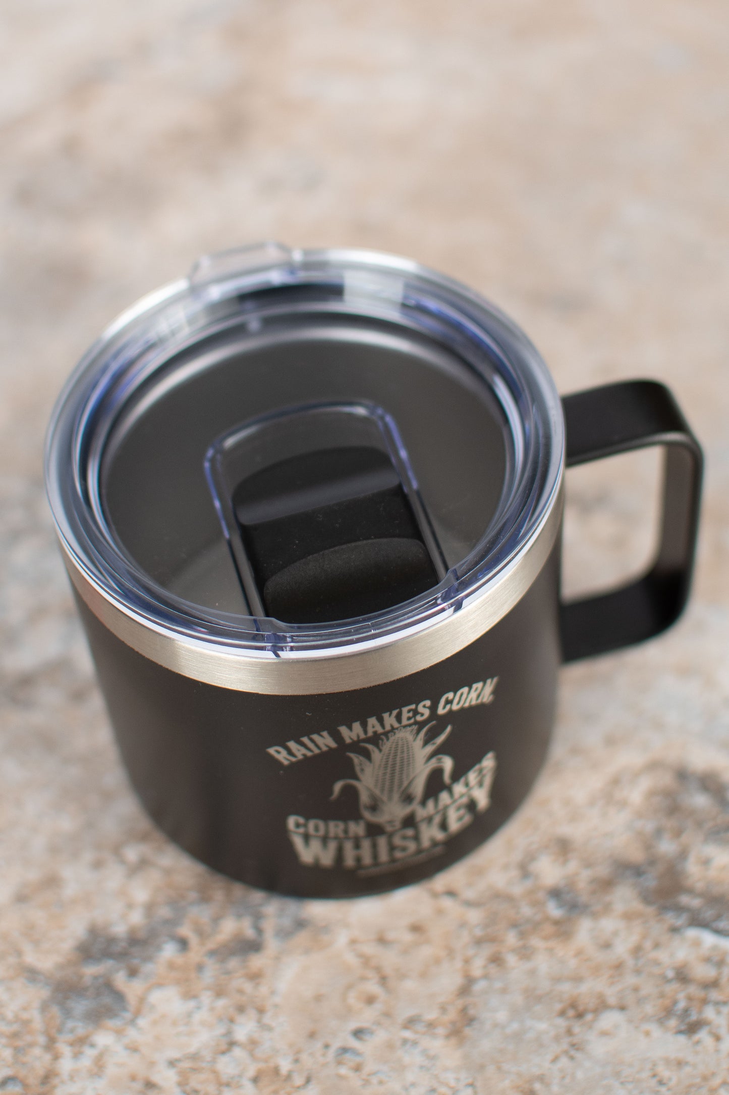 Black 'Rain Makes Corn, Corn Makes Whiskey' 16oz Mug