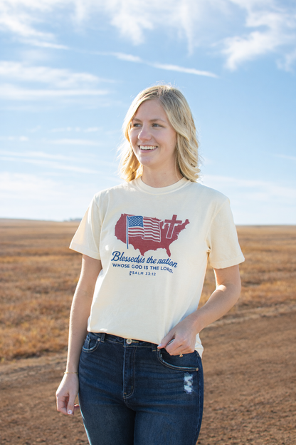 'Blessed is the Nation' Psalm 33:12 Ivory Tee