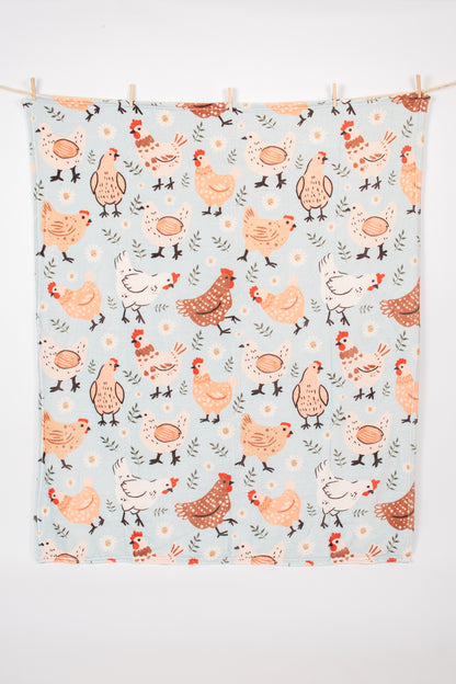 Blue Chicken & Blooms Plush Blanket