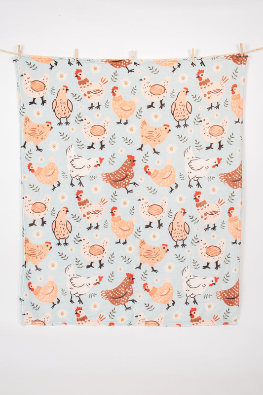 Blue Chicken & Blooms Plush Blanket