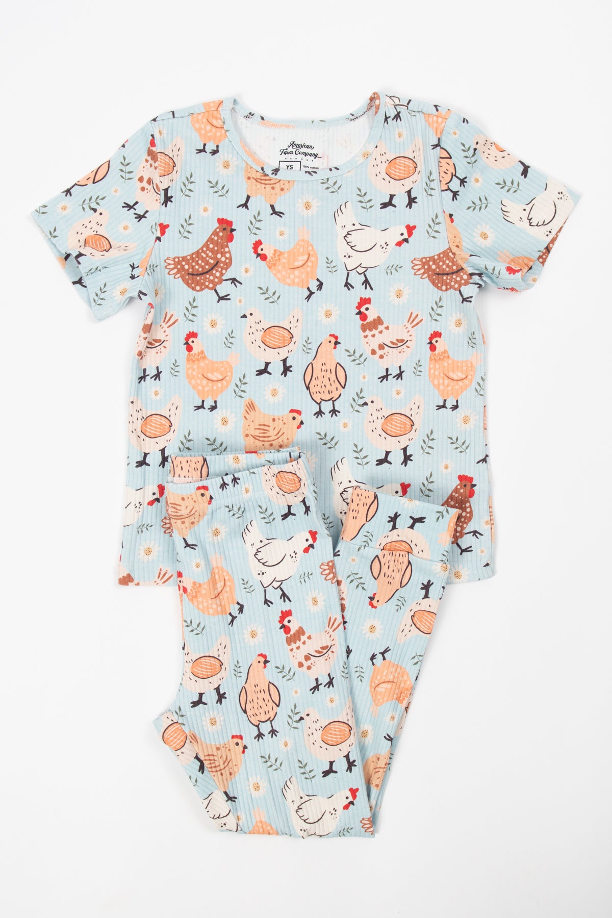 Blue Chickens & Blooms Toddler/Youth Ribbed Cotton Pajama Set