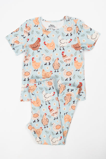 Blue Chickens & Blooms Toddler/Youth Ribbed Cotton Pajama Set