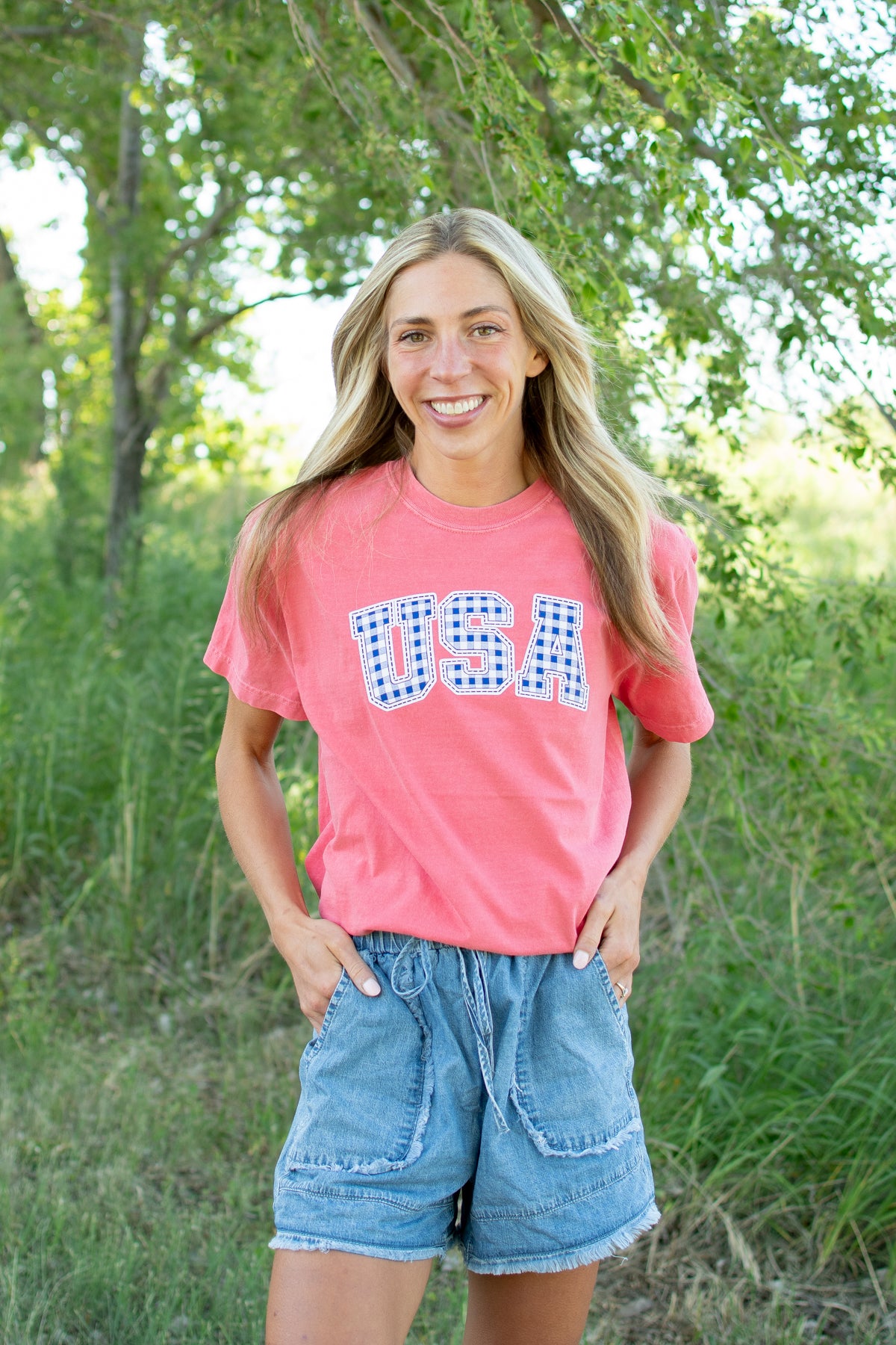 Blue Gingham 'USA' Red Tee