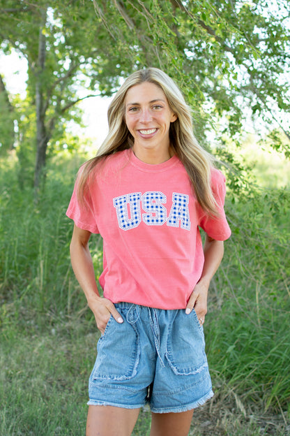 Blue Gingham 'USA' Red Tee