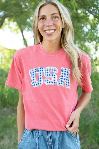 Blue Gingham 'USA' Red Tee
