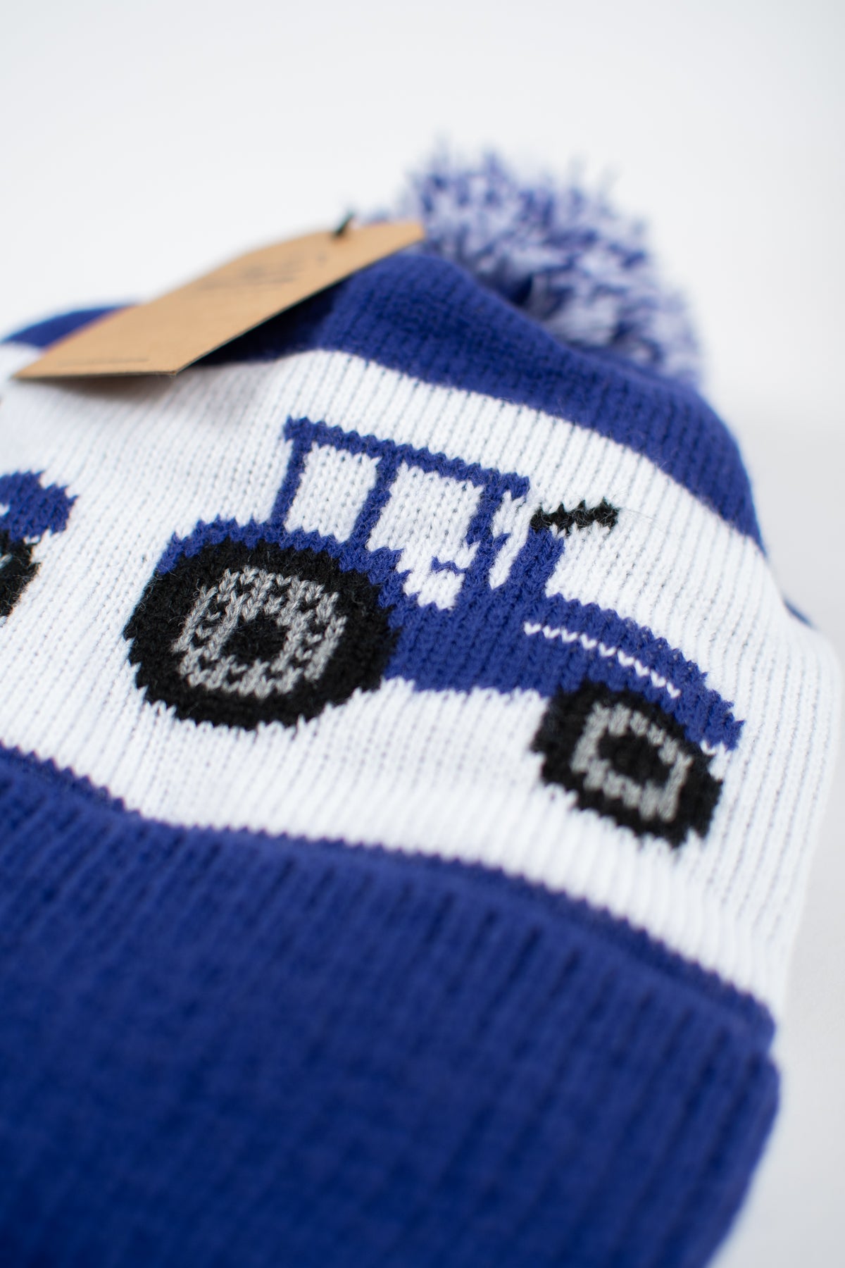 Blue Tractor Knit Pom-Pom Cuffed Stocking Cap - Youth