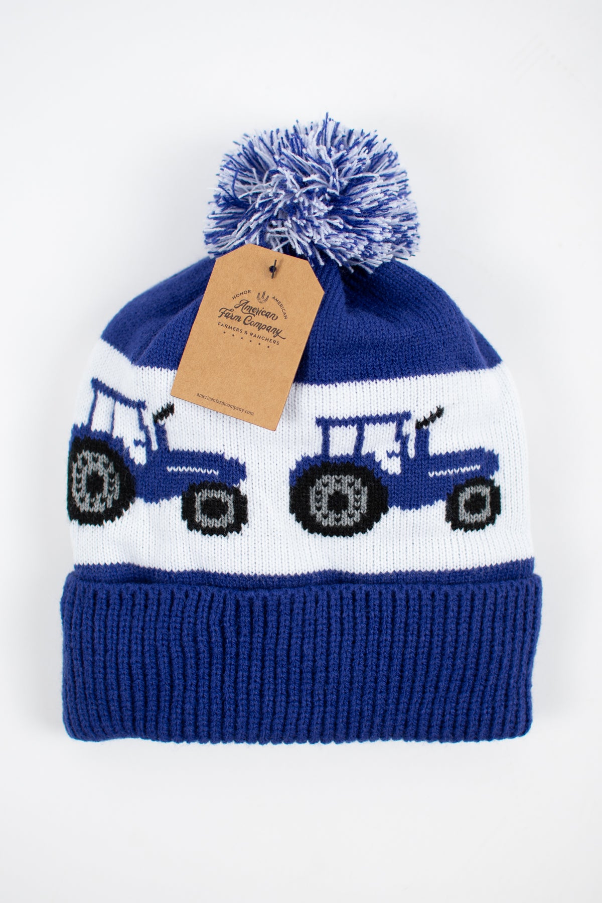 Blue Tractor Knit Pom-Pom Cuffed Stocking Cap - Youth