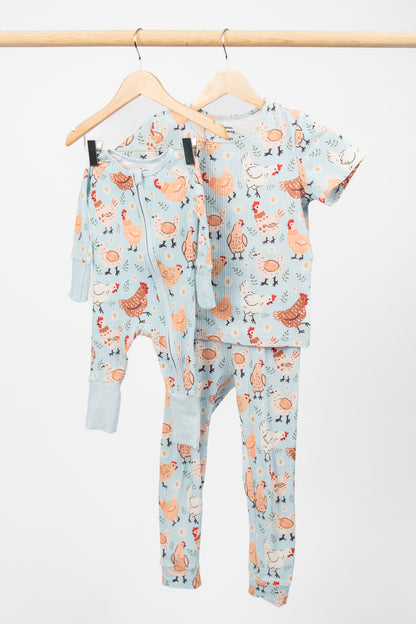 Blue Chickens & Blooms Toddler/Youth Ribbed Cotton Pajama Set