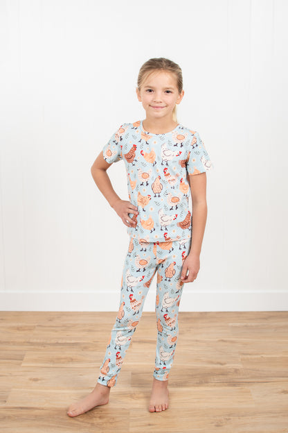Blue Chickens & Blooms Toddler/Youth Ribbed Cotton Pajama Set