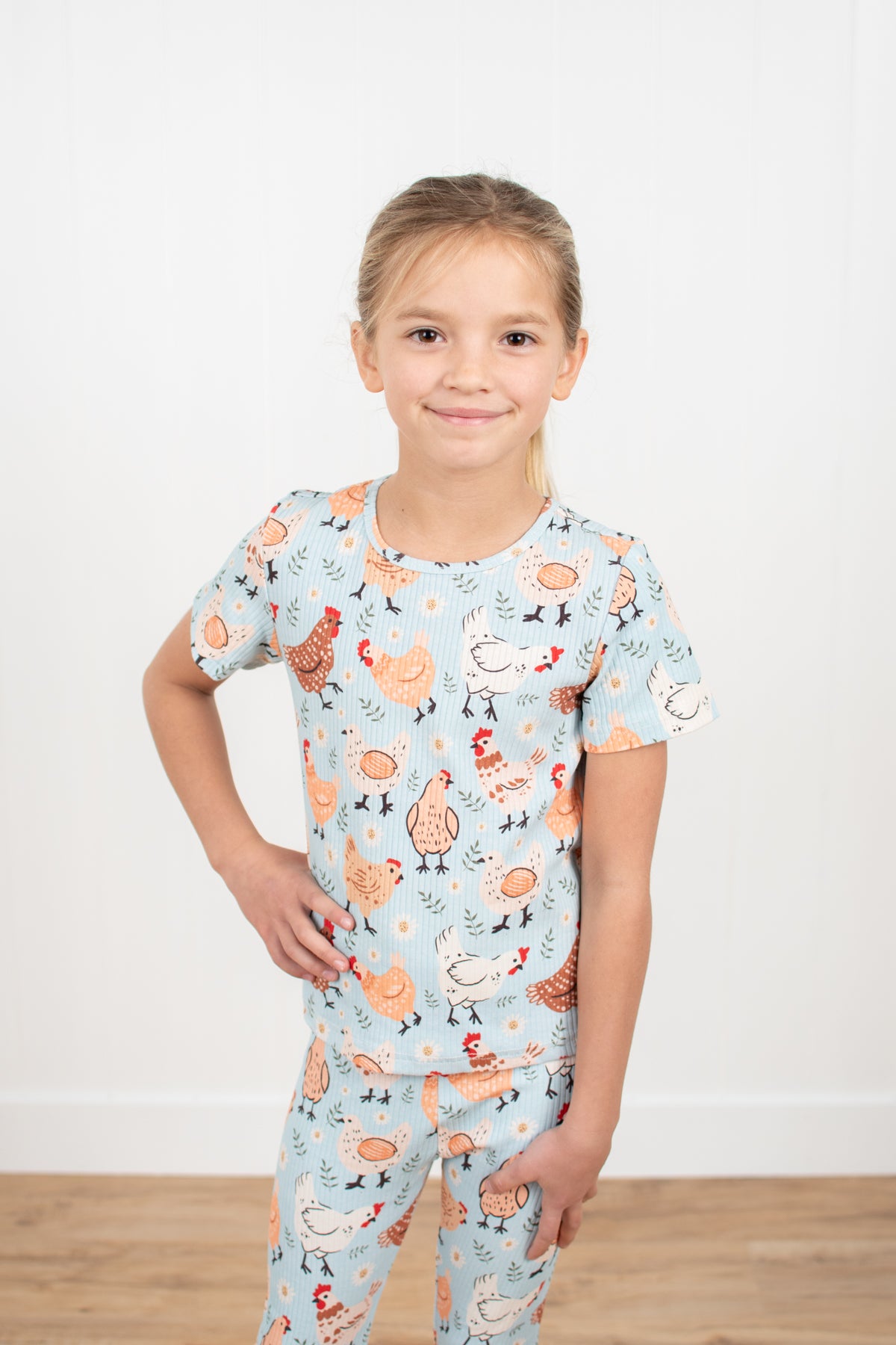 Blue Chickens & Blooms Toddler/Youth Ribbed Cotton Pajama Set