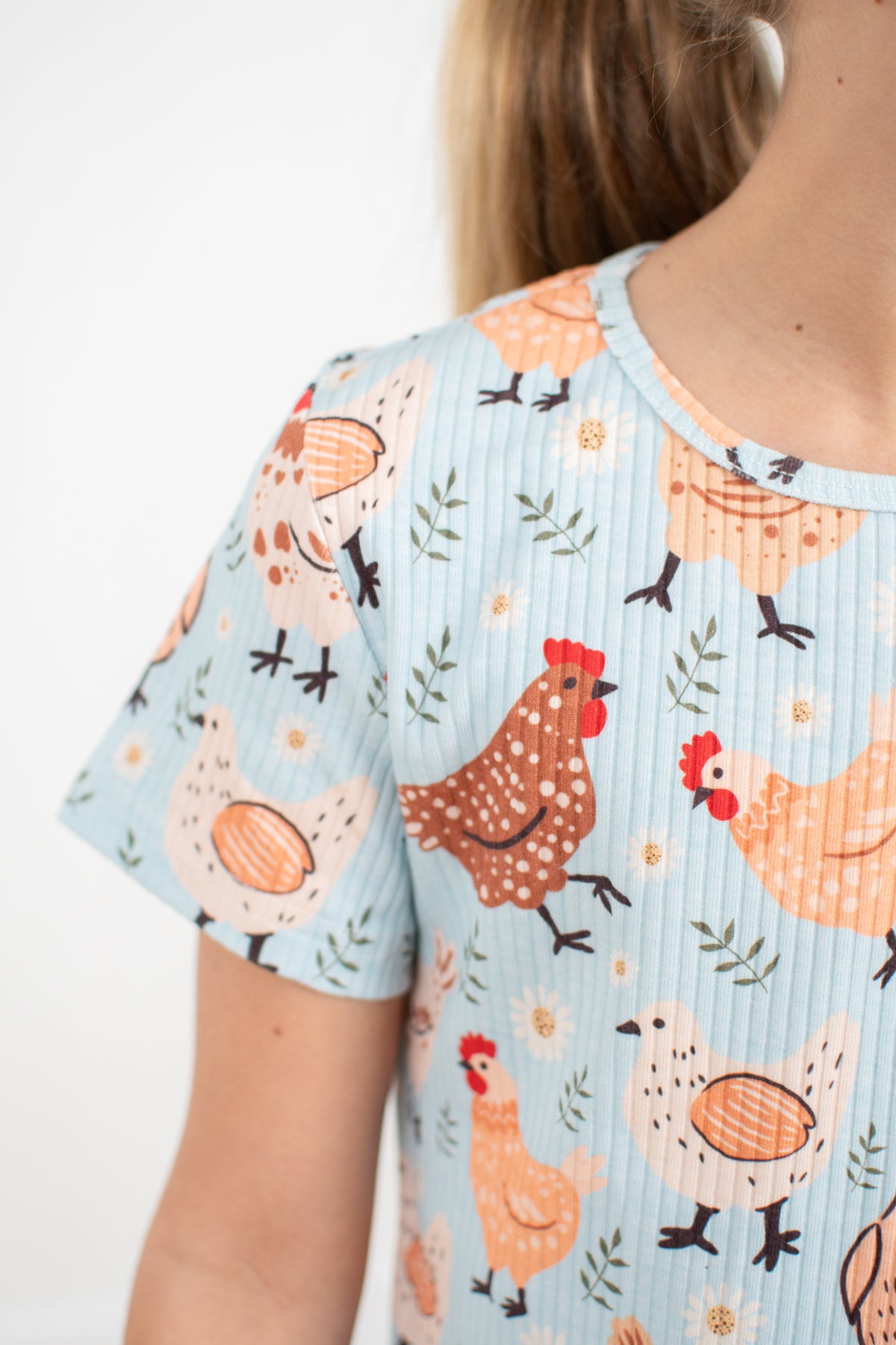 Blue Chickens & Blooms Toddler/Youth Ribbed Cotton Pajama Set