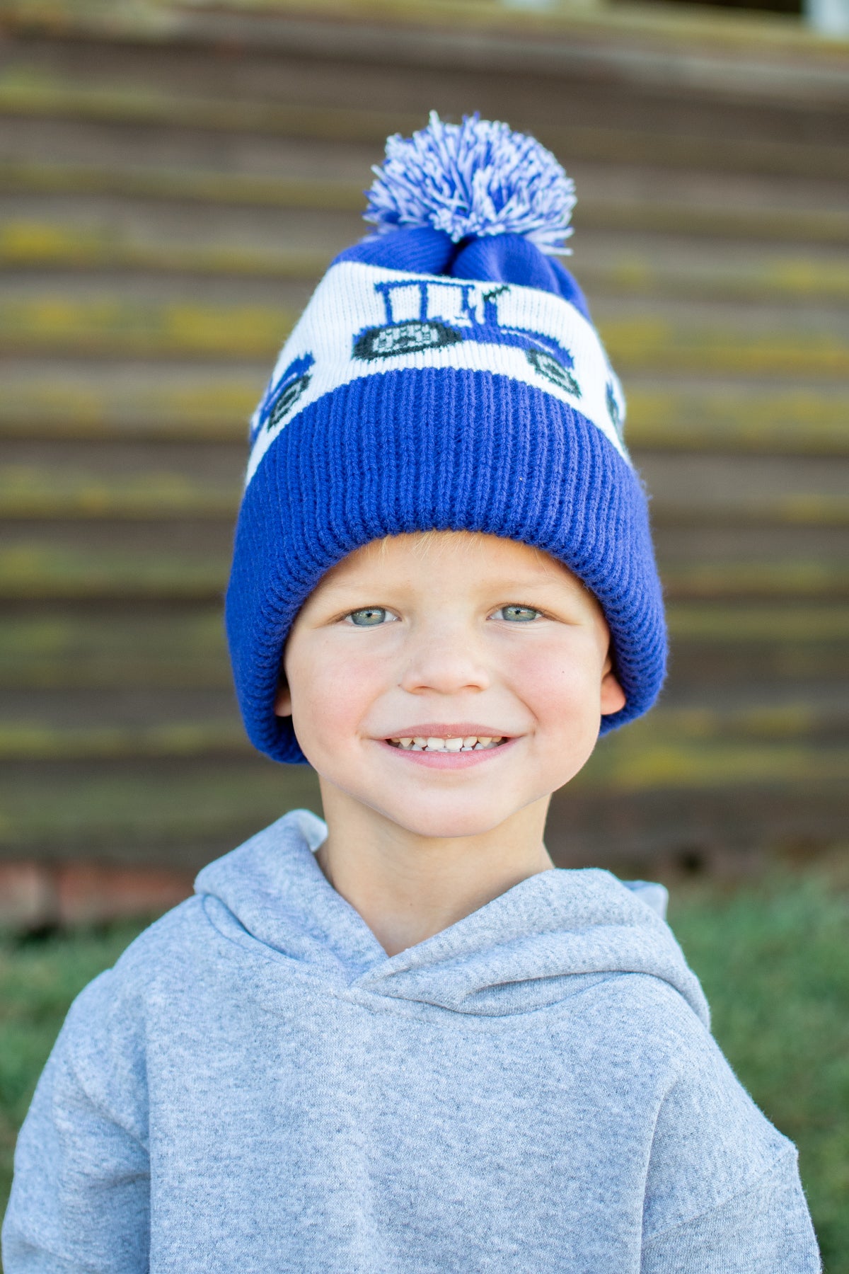 Blue Tractor Knit Pom-Pom Cuffed Stocking Cap - Youth