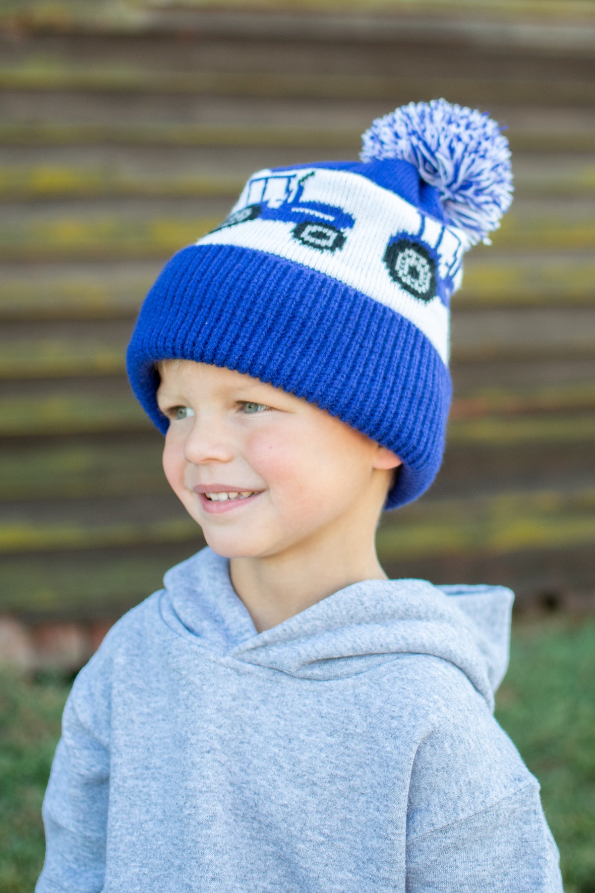 Blue Tractor Knit Pom-Pom Cuffed Stocking Cap - Youth